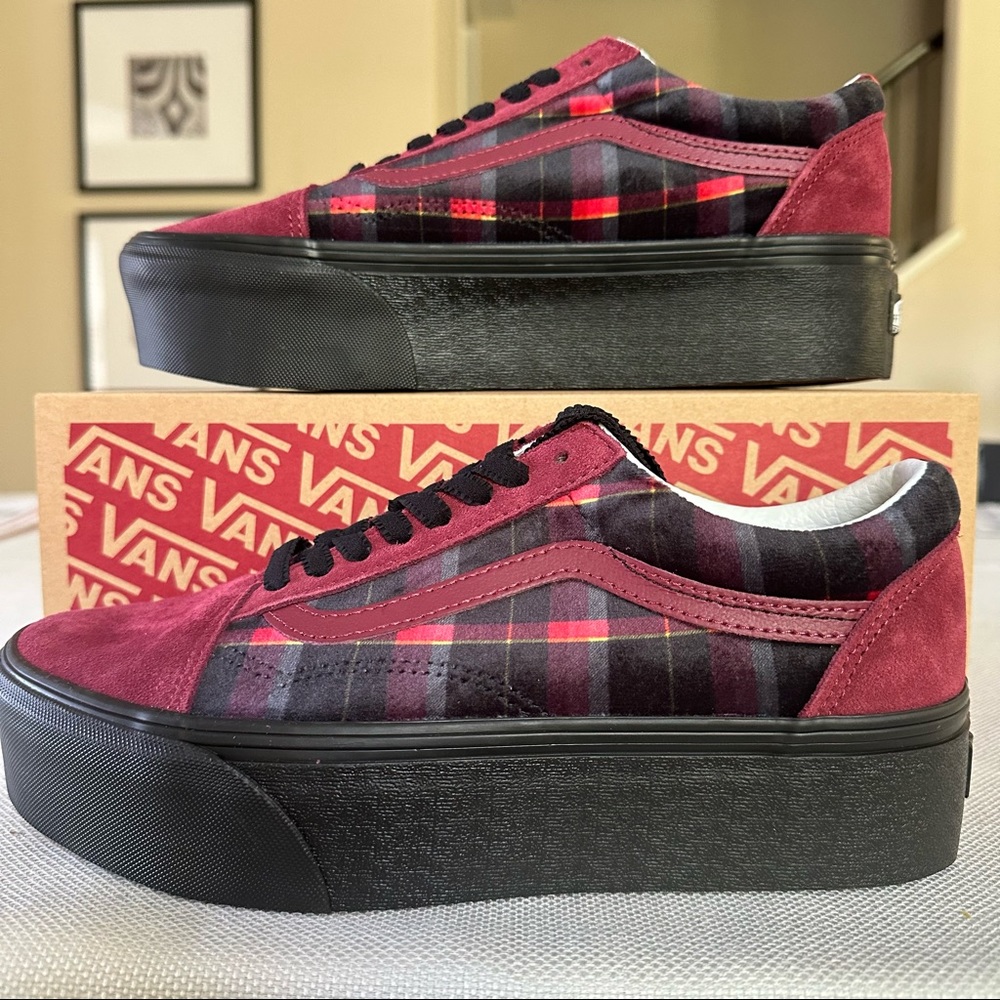 VANS Old Skool Platform Shoes Black Red Suede Low Velvet Gothic Punk